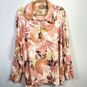 Naturals d&co Linen Floral 2x Long Sleeve Blouse Tropical Pinks and Cream